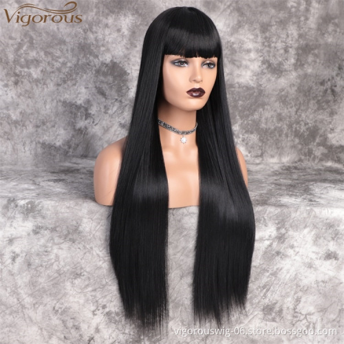 Vigorous 28 inches Long Straight Black Wig Lace Heat Resistant Synthetic Wig With Bangs Natural Hair Wig for Black Women